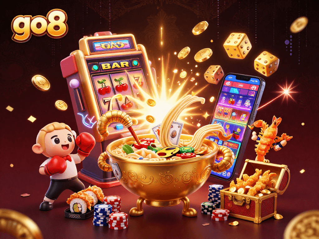 Spin and win with go8's colorful casino games in a vibrant dynamic scene.