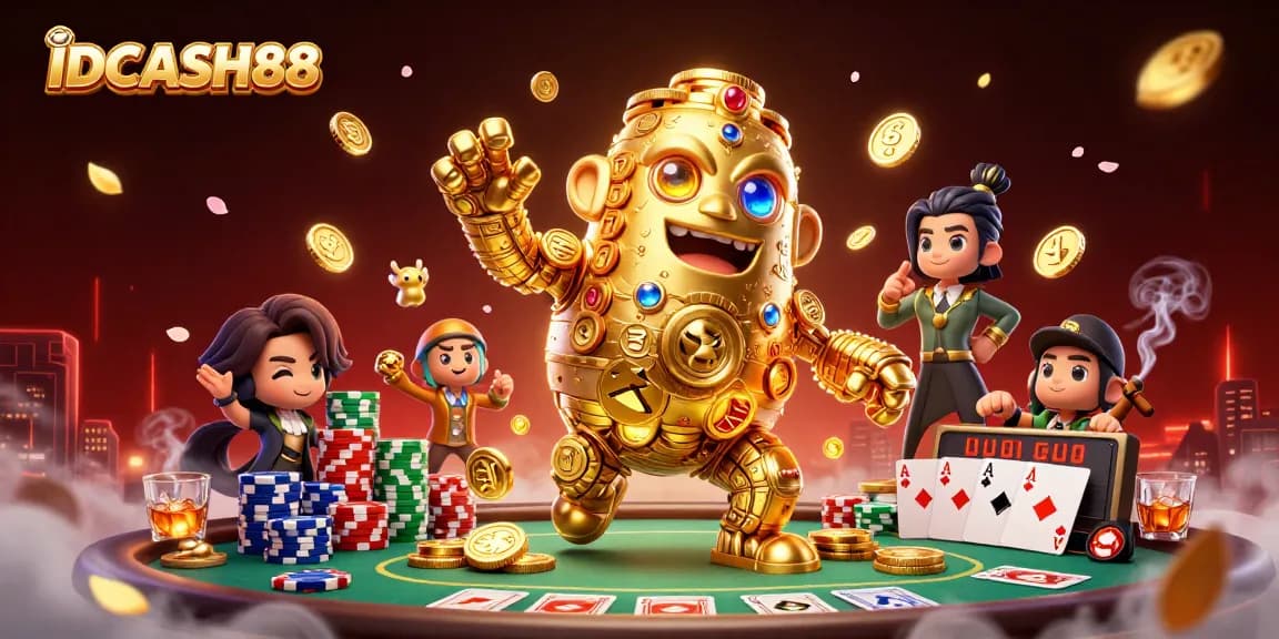Engage with thrilling IDCASH88 gameplay featuring a golden golem, poker, and vibrant casino elements.
