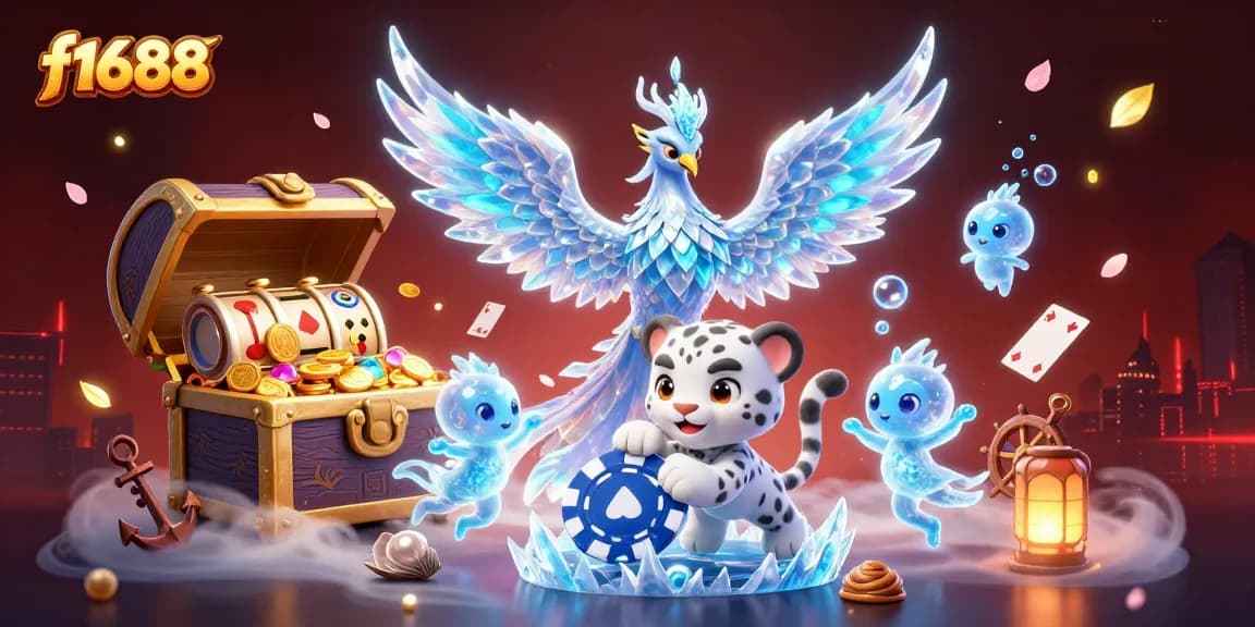 Spin the reels at f1688 while enjoying a captivating ice phoenix scene filled with rich casino elements.