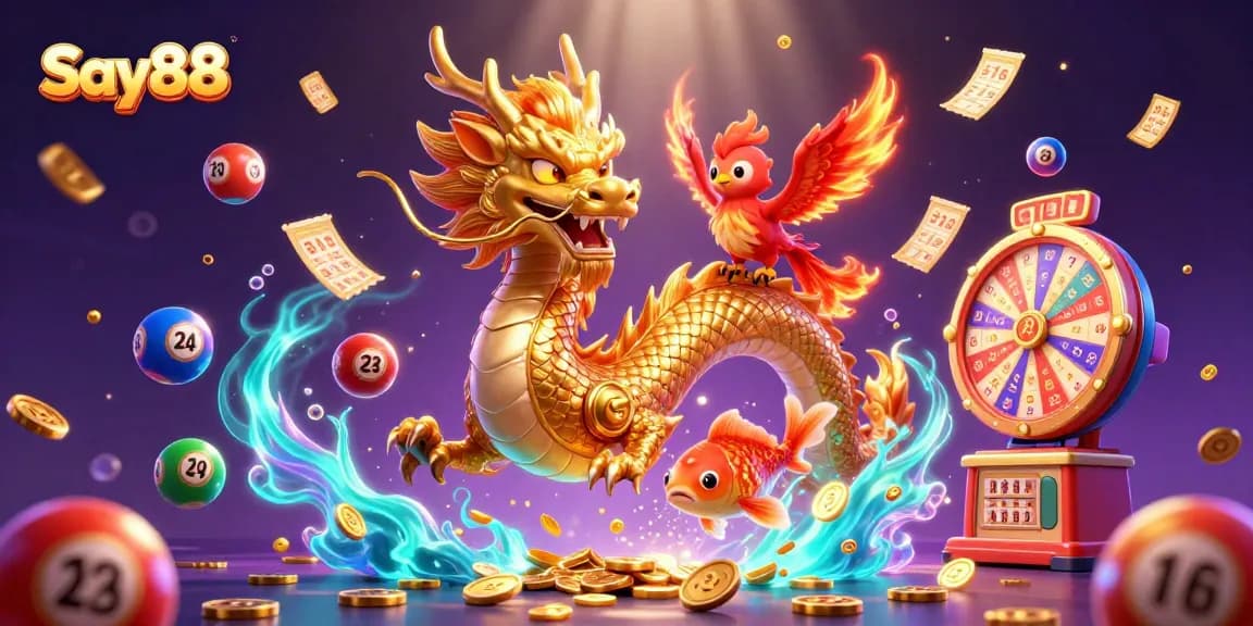 Say88 offers an enchanting casino experience illustrated with vibrant characters, lively games, and dynamic elements.