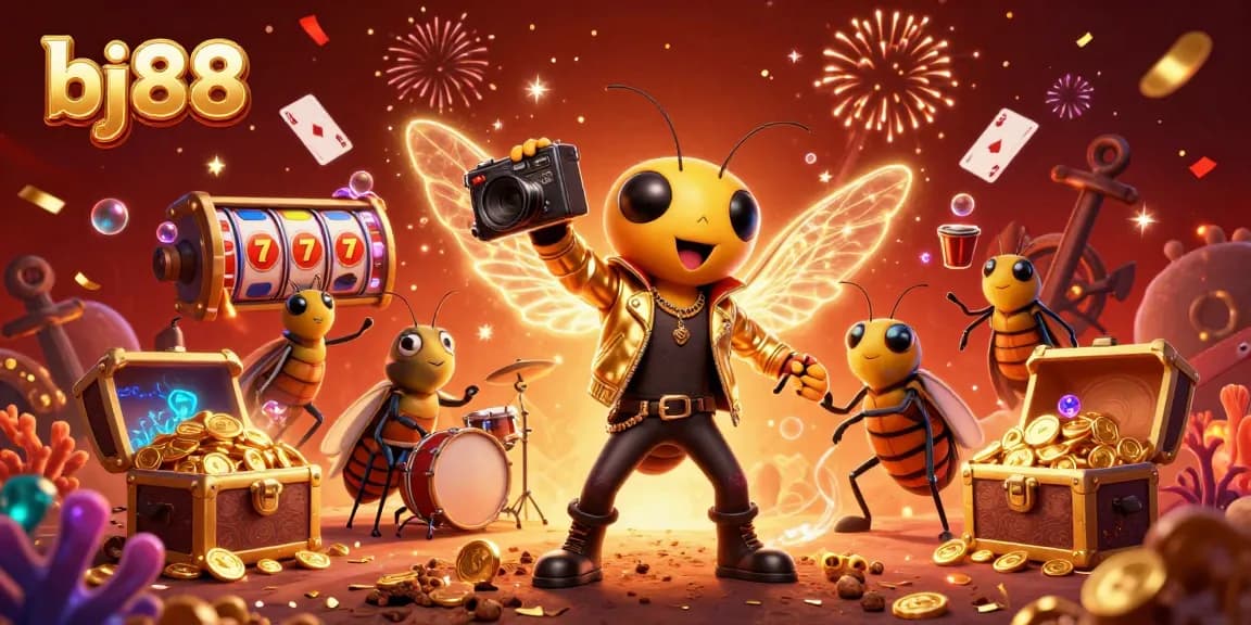 Bettors celebrate winning with vibrant 3D bj88 casino characters and floating slot reels in a festive atmosphere.