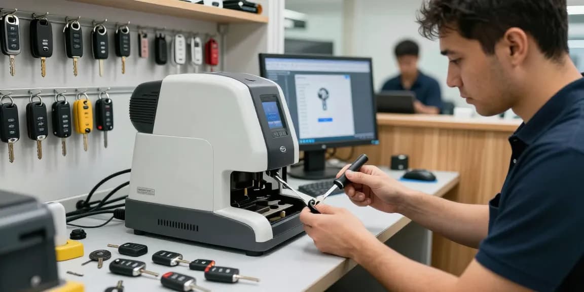 Schlüssel für Auto, Fahrzeugschlüsseldienst mit professionellem Schlüsseltechniker bei der Arbeit im Geschäft.