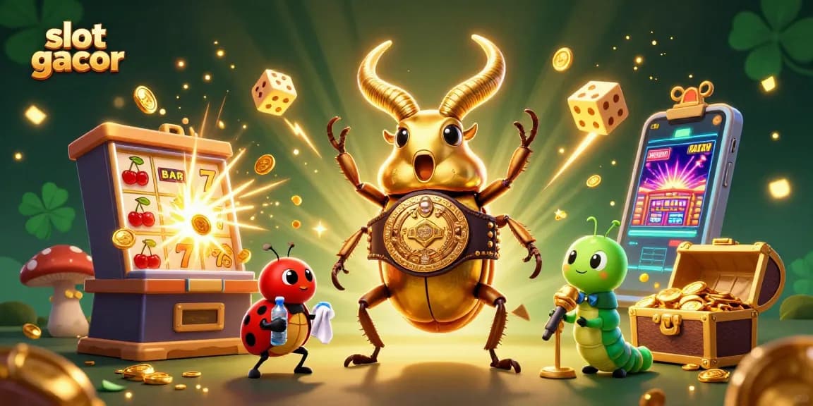Experience the excitement of slot gacor games with a golden stag beetle champion surrounded by jackpot wonders.