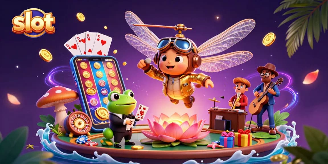 Experience the thrill of slot games as a dragonfly pilot hovers over a colorful casino scene.
