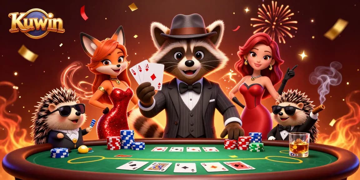 Kuwin showcases a lively poker scene with animated characters celebrating a big win and colorful chips flying around.