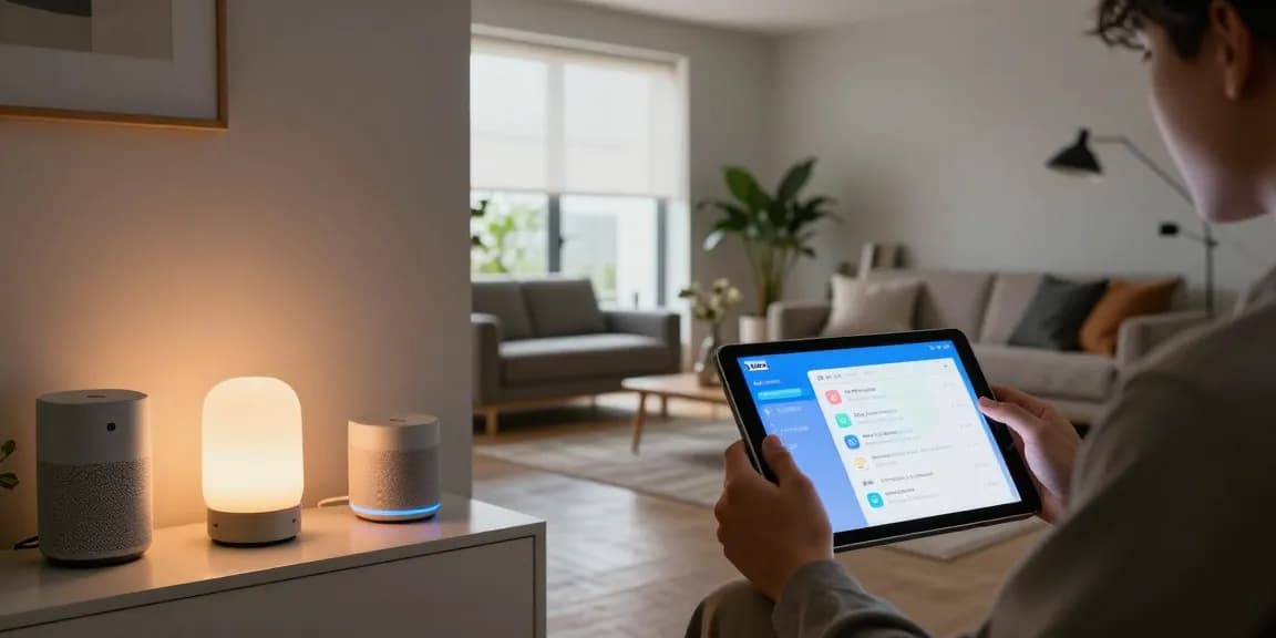 Person using IKEA smart home app to adjust lighting in a modern living room with smart devices.