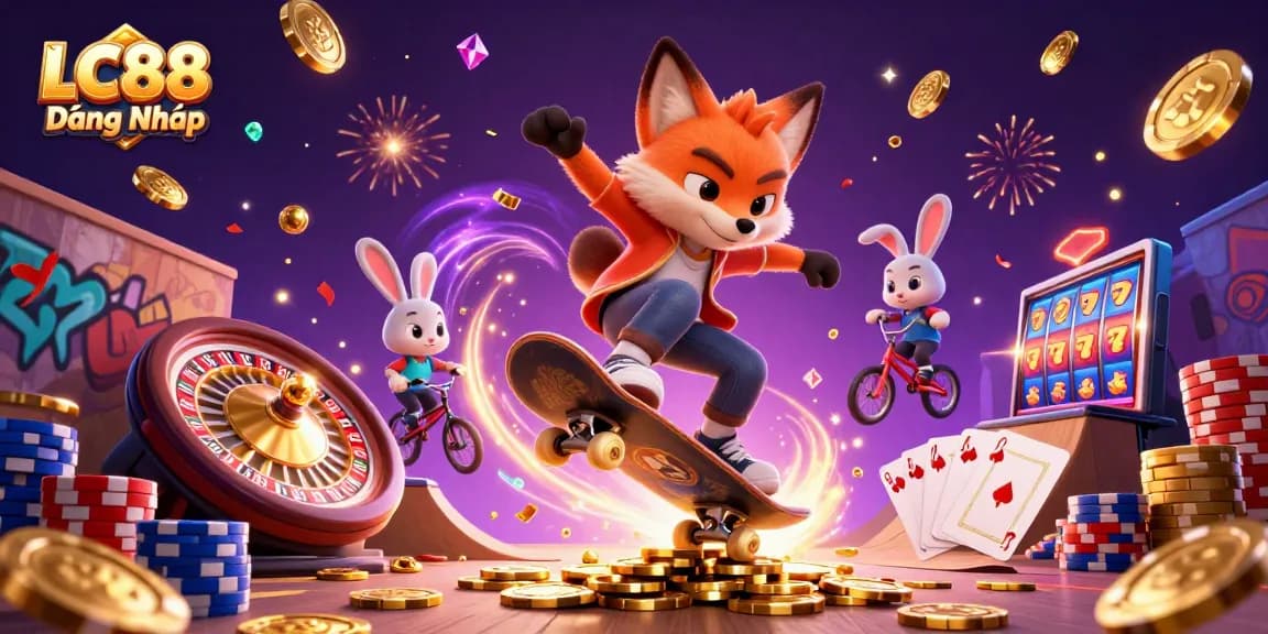 Join the excitement with LC88 Đăng Nhập featuring a skateboarder fox and BMX rabbit amidst vibrant casino visuals.