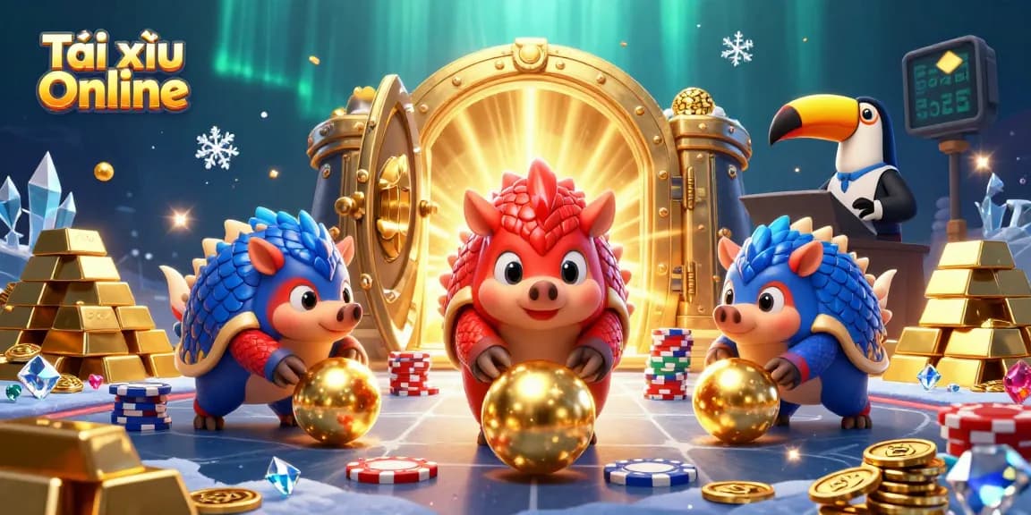 Enjoy the excitement of Tài xỉu Online with colorful pangolins amid poker chips and golden treasures.