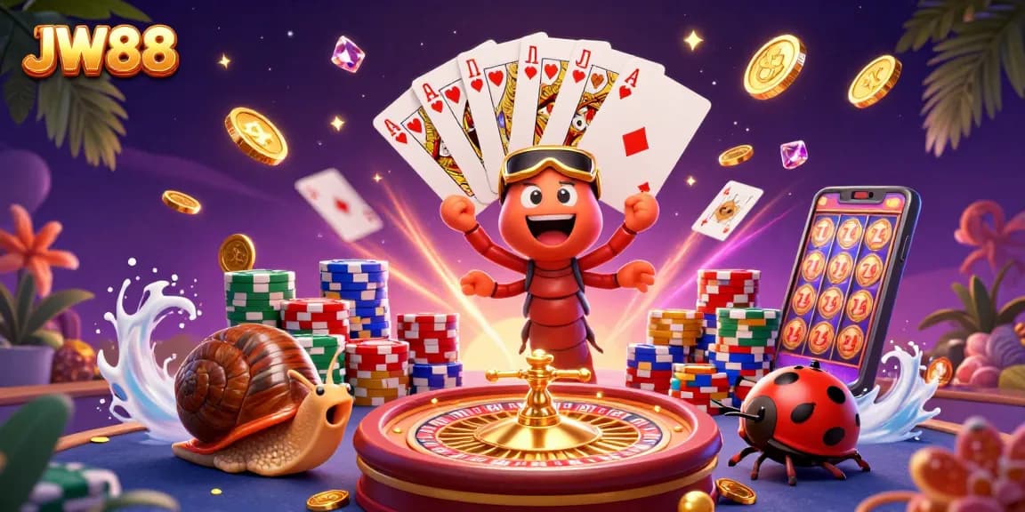 Join the exciting world of JW88 with a vibrant casino scene featuring an animated dealer, charming high-roller, and thrilling game elements.