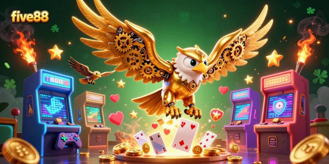 Experience thrilling gameplay with five88 in this vibrant 3D illustration showcasing casino elements.