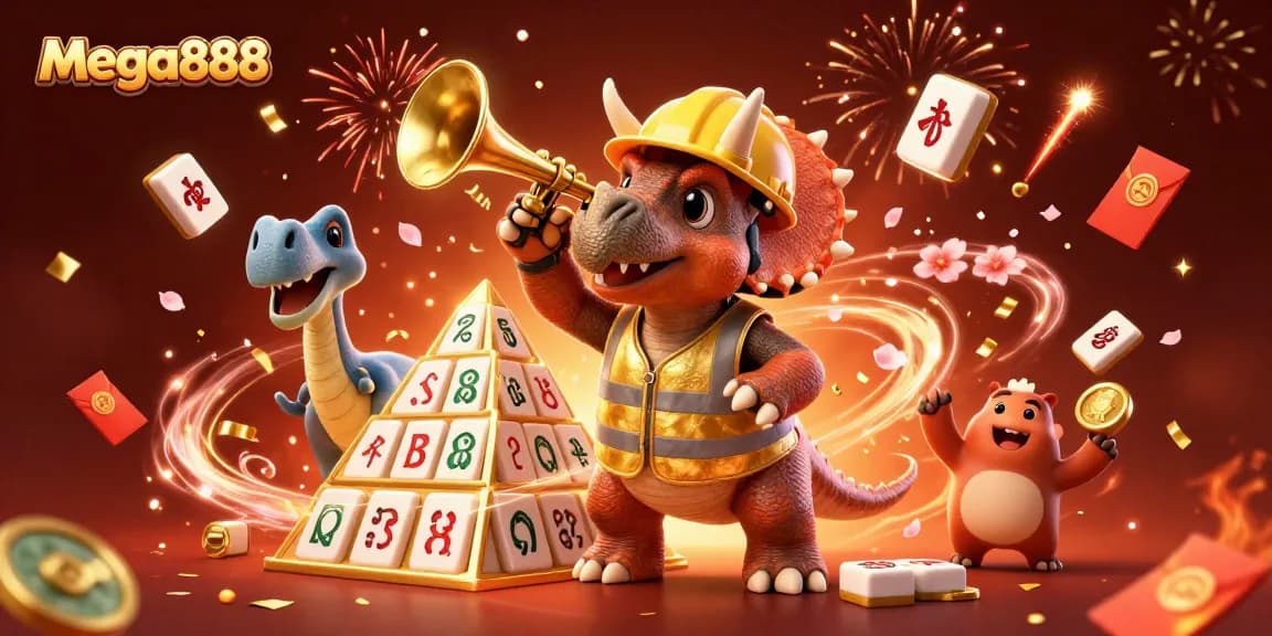 Experience excitement with mega888 as a cartoon triceratops builds jackpot reels surrounded by festive elements.