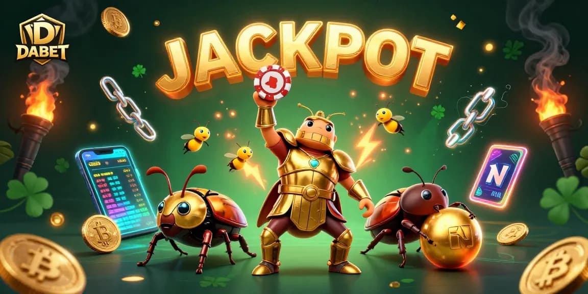 DABET offers thrilling gaming with a cartoon beetle championing poker excellence in a dynamic casino scene.