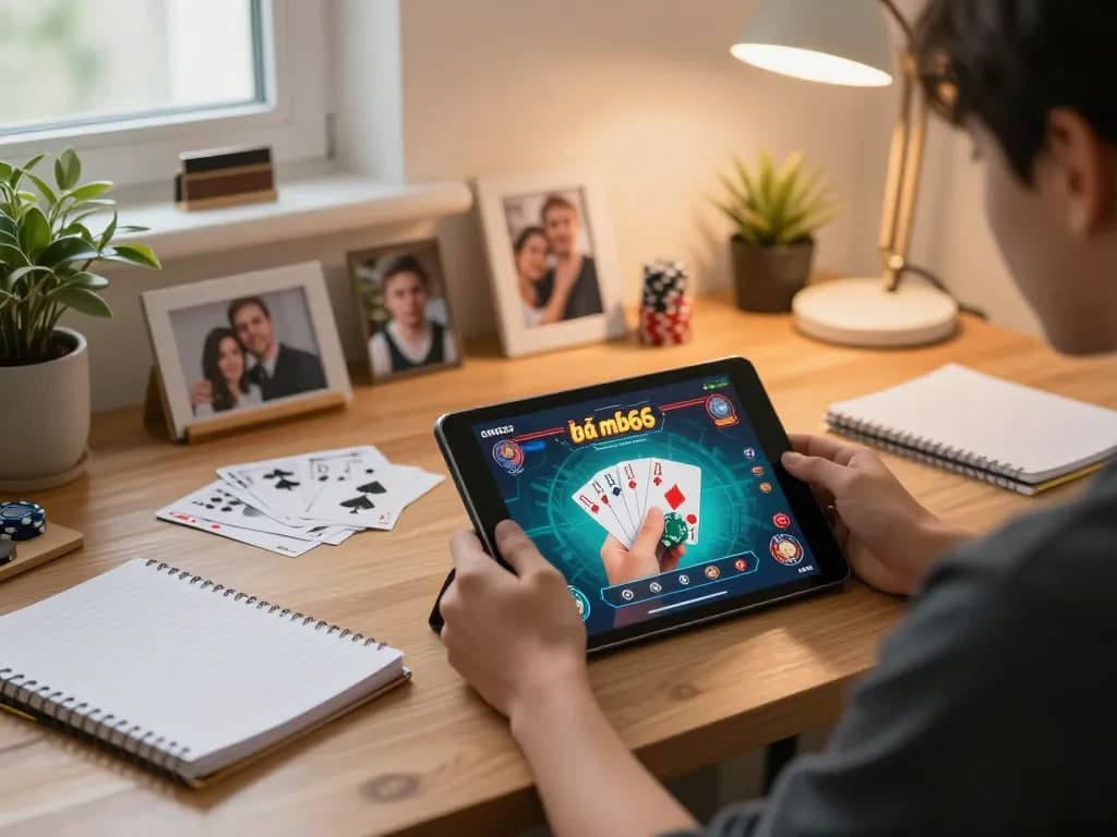 Engaging in game bài mb66 on tablet while analyzing strategy notes at home.