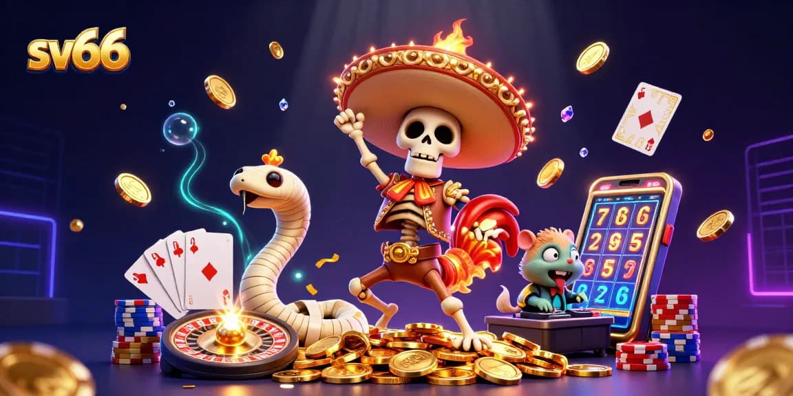 Experience excitement at sv66 with a vibrant 3D casino scene of whimsical characters celebrating wins.