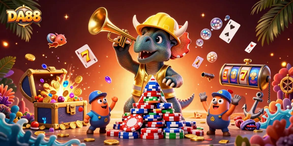DA88 showcases an energetic casino scene with a trio of dinosaurs celebrating poker success.