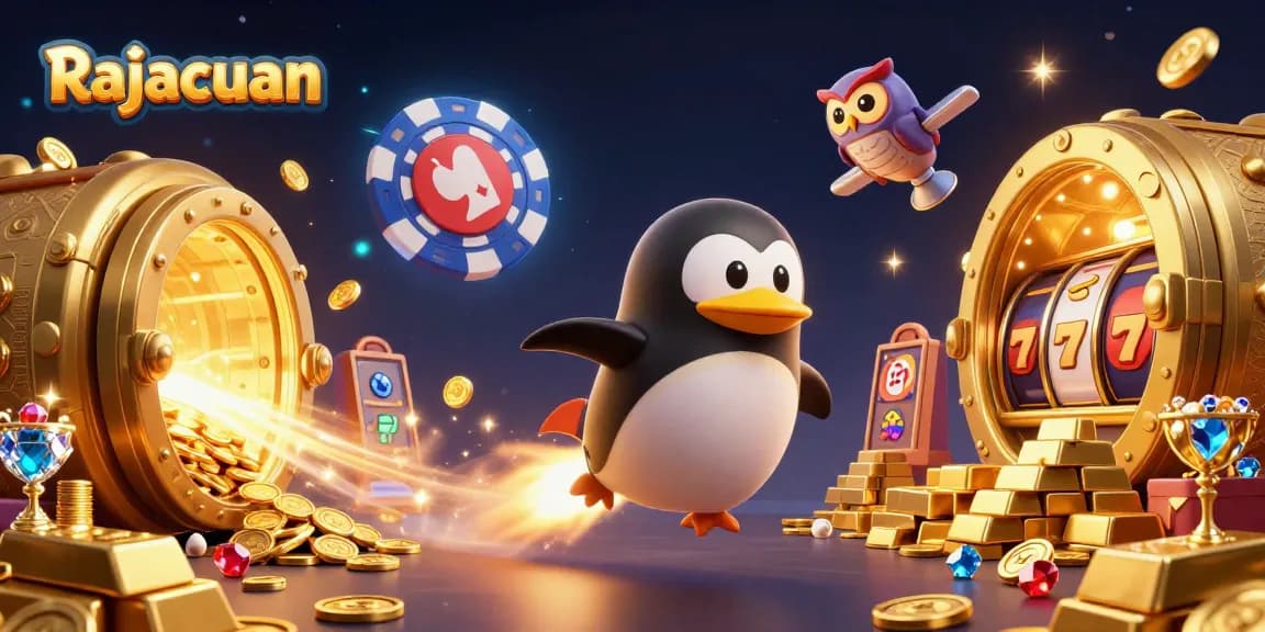 Rajacuan menghadirkan penguin emas bertenaga roket dengan jalur koin, mempromosikan kasino.