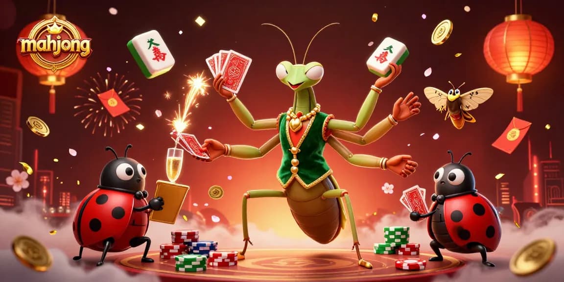 Experience mahjong excitement with a giant mantis, ladybug pit boss, and vibrant symbols in this fantastic casino scene.