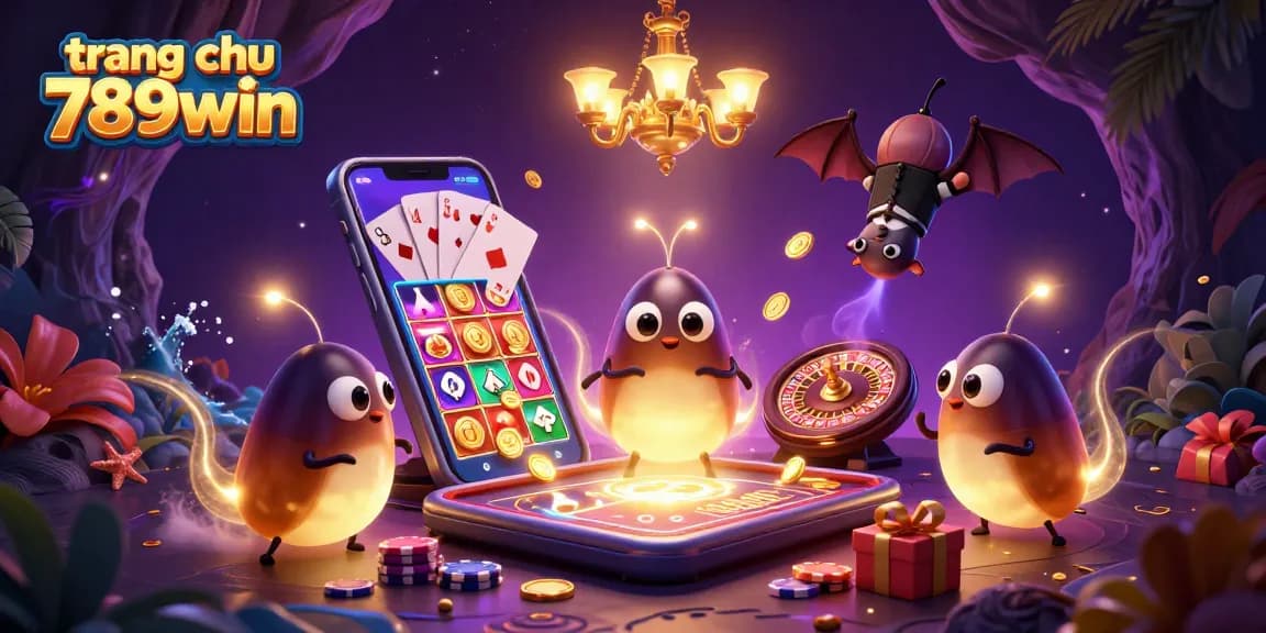 Engage with the vibrant atmosphere of trang chu 789win as golden coins and slot games illuminate a cave casino scene.