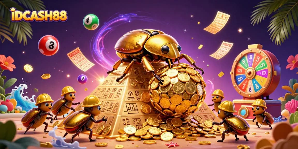 Experience the excitement of IDCASH88 with a vibrant lottery scene featuring a golden beetle and lively game elements.