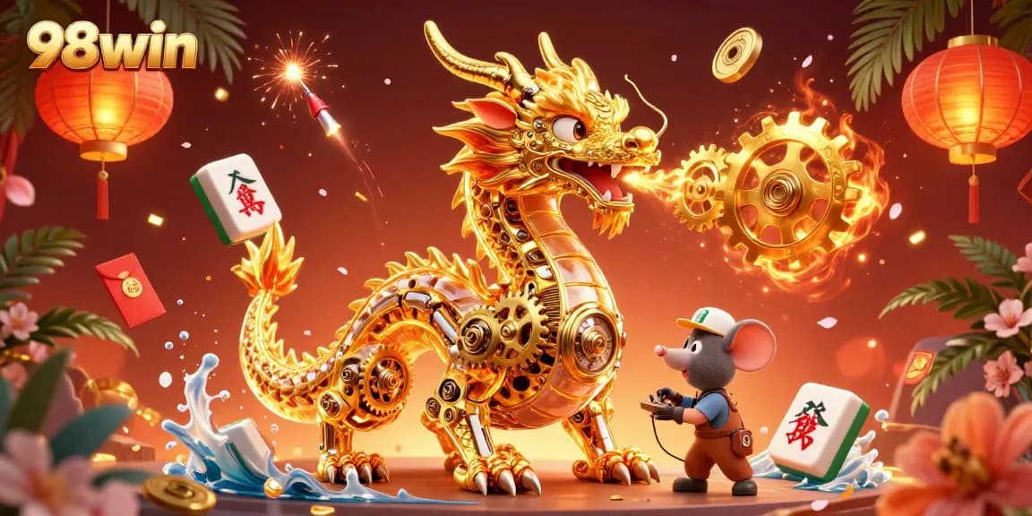 Experience thrilling gameplay at 98win with a golden dragon and vibrant casino elements in a lively 3D illustration.
