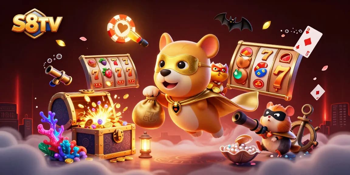 S8TV celebrates winning moments with a cartoon superhero dog and hamster amidst thrilling slot game elements.
