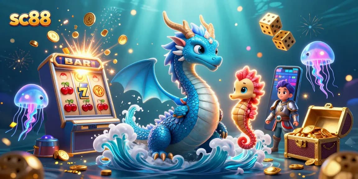Play thrilling games at SC88 with an exciting underwater casino-themed illustration featuring vibrant characters and elements.
