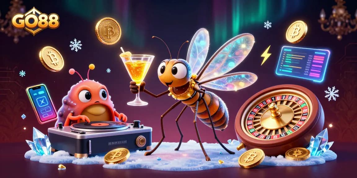 Engage in thrilling gameplay at GO88 with vibrant casino elements, showcasing 3D animated characters and crypto coins.