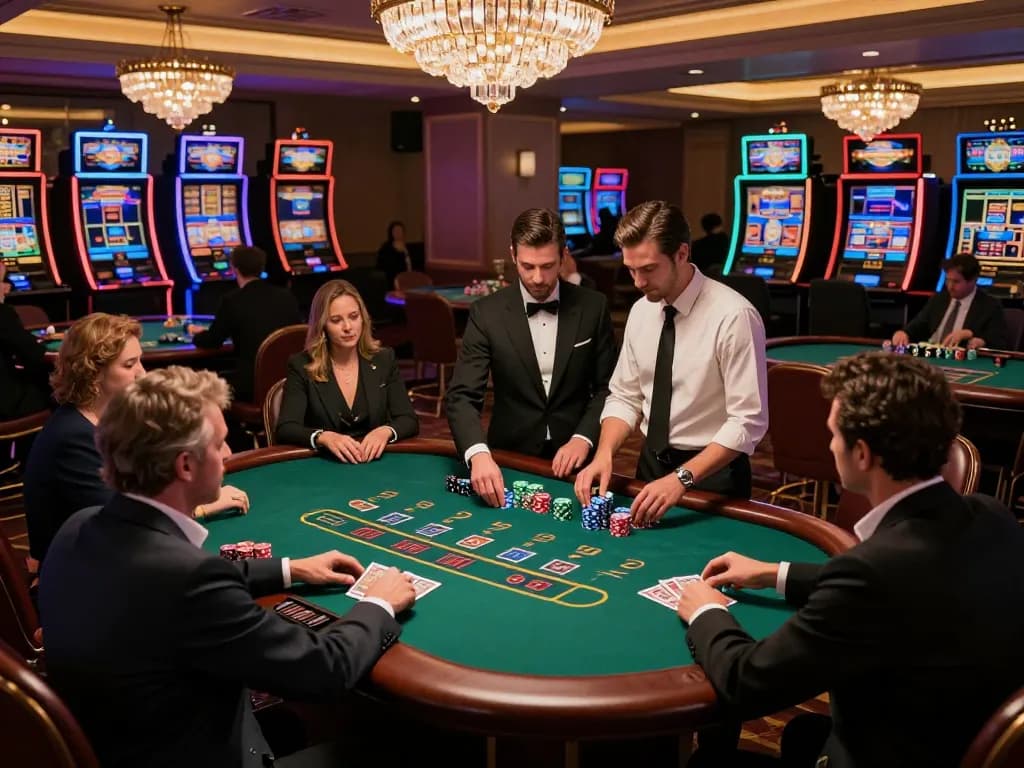 Players at a sunwingo blackjack table enjoying high-stakes action in a luxurious casino.