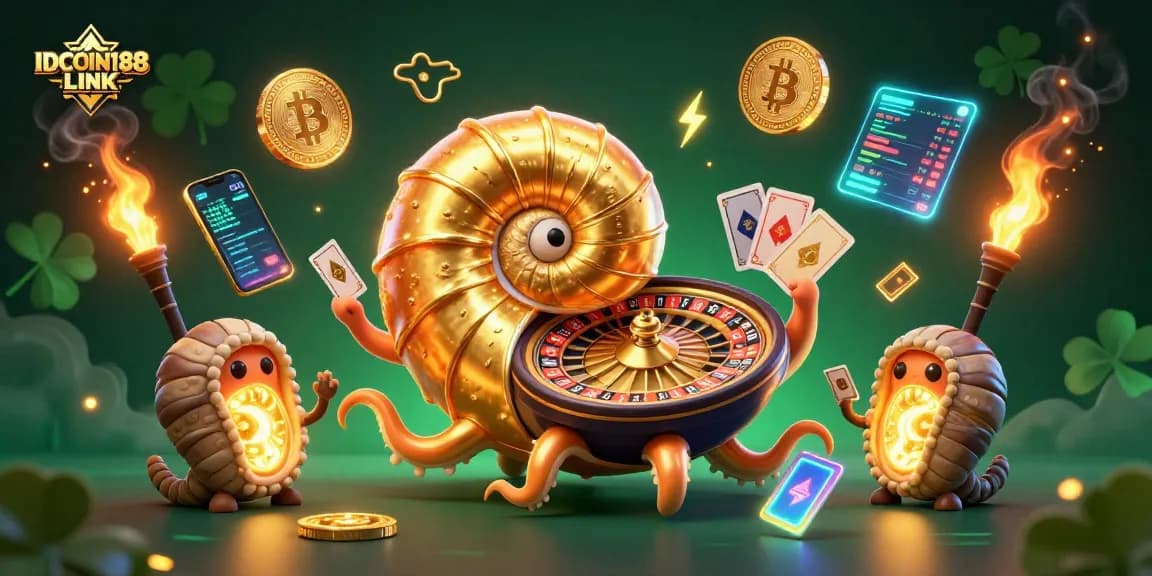 Engage in thrilling gaming with IDCOIN188 LINK featuring vibrant crypto elements and a dynamic casino theme.