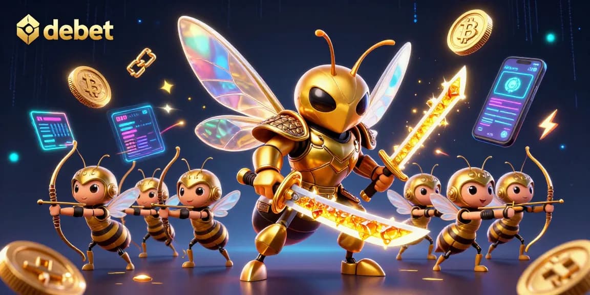 Engage with debet in this vibrant 3D illustration showcasing samurai hornets amidst Ethereum and Bitcoin elements.