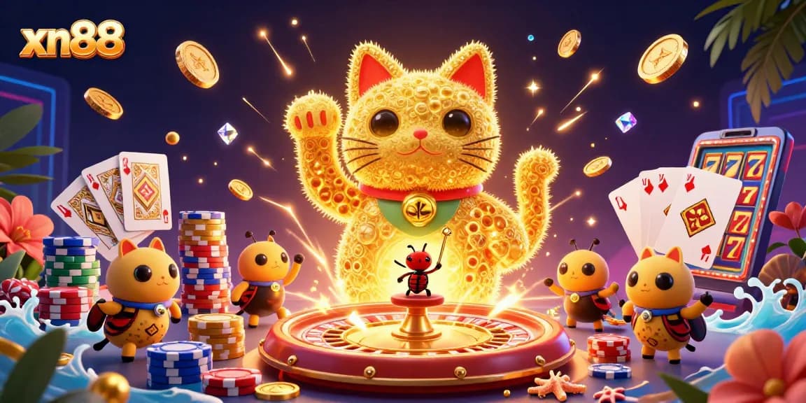Experience the excitement of xn88 with dynamic golden fireflies and casino symbols in a vibrant scene.