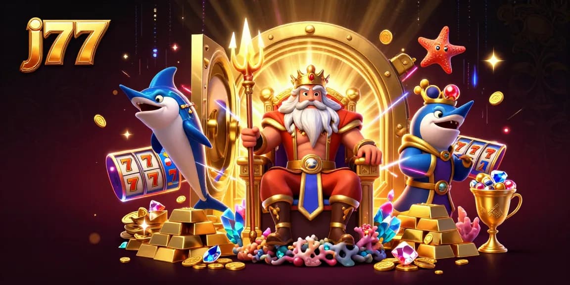 Experience the excitement of slot games with j77 in this vibrant 3D casino scene featuring characters and treasures.