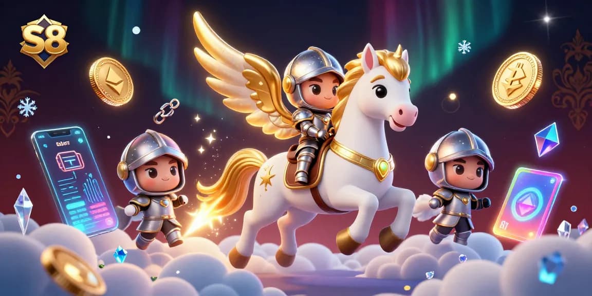 S8 casino adventure featuring a celestial horse and knight navigating a vibrant crypto wonderland.