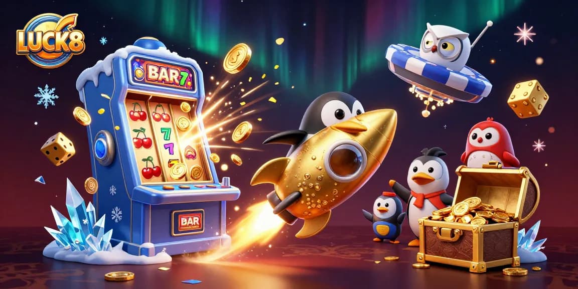 LUCK8 offers an exciting gaming escape, featuring a vibrant casino scene with dynamic elements.