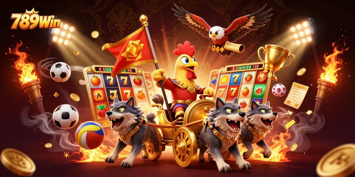 Experience thrilling slots and jackpots with 789Win in a vibrant casino-themed scene.