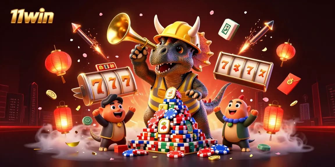 Experience winning moments at 11WIN with an energetic casino illustration featuring dynamic gaming elements.