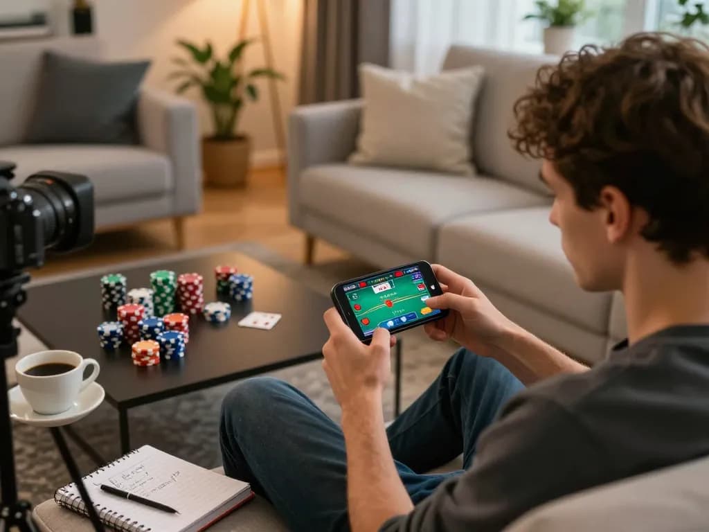 KJC player engaged in an intense online poker game on mobile device in lively home setting