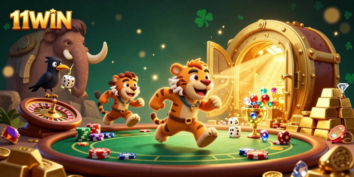 Win big with 11WIN in this vibrant 3D cartoon casino scene filled with treasures and gaming action.