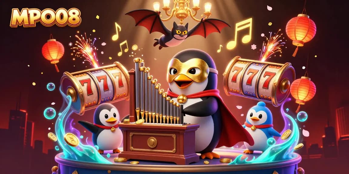 MPO08 presents a vibrant casino scene with a penguin playing an organ amidst golden coins, celebrating slots.