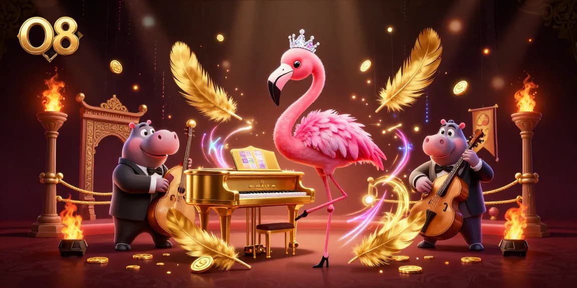 Experience the O8 casino atmosphere with vibrant characters, games, and luxurious elements.