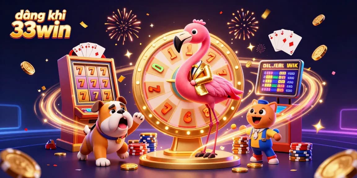 Unlock excitement with đăng ký 33win, featuring a vibrant casino scene of characters and dynamic slots action!