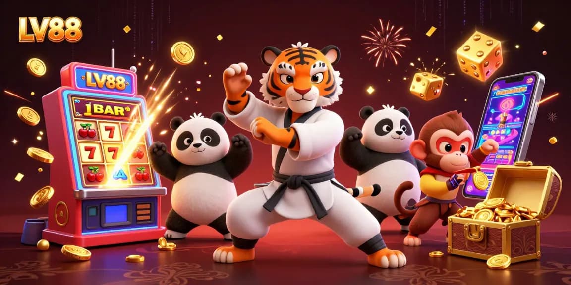 Experience LV88's vibrant gaming scene with a kung fu tiger master and panda disciple amidst casino excitement.