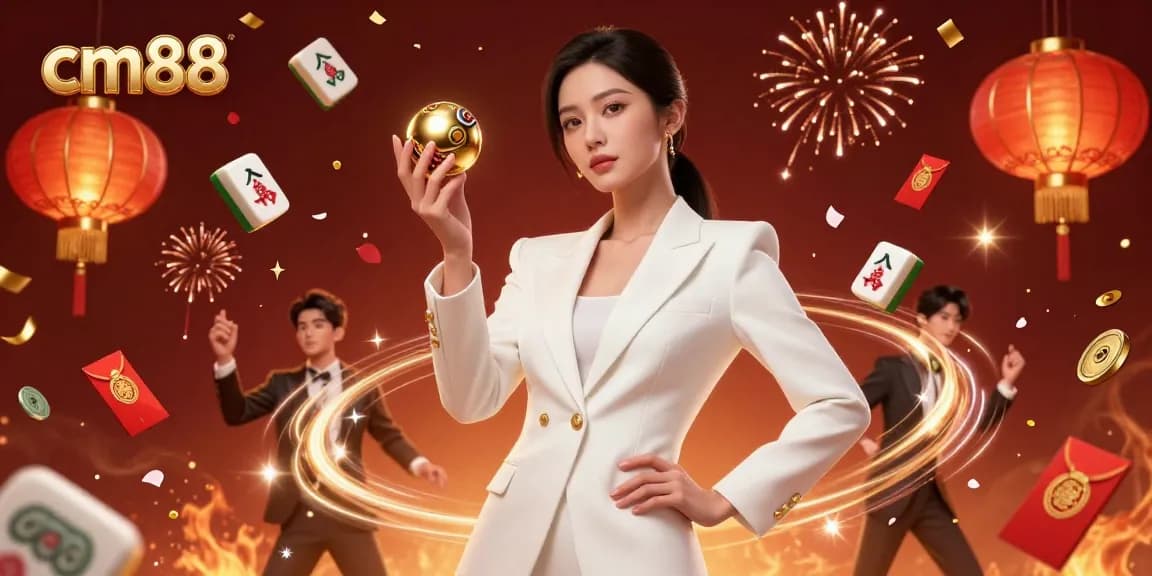 Experience vibrant excitement with cm88 as a confident woman holds a roulette ball amidst stunning casino elements.