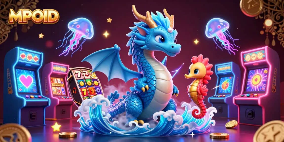 Experience the thrill of MPOID with a dazzling 3D casino scene featuring a dragon, seahorse, and vibrant game graphics.