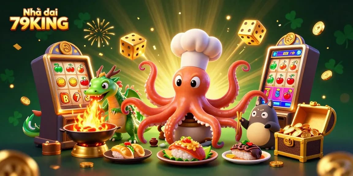 Win big at Nhà cái 79KING with dynamic slot machines and colorful game elements in a lively illustration.