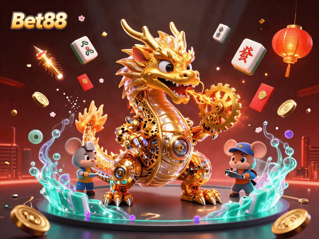 Bet88 features a dragon breathing gears in a lively casino scene filled with vibrant gaming elements.