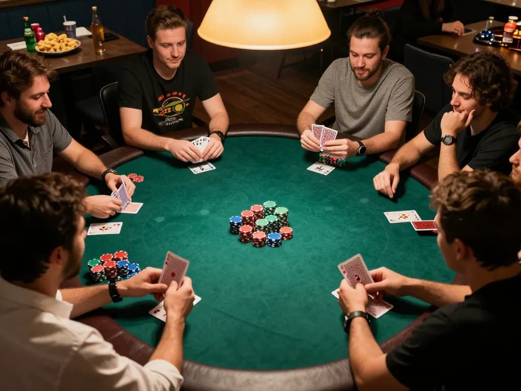 Engaged players at a home poker game demonstrating strategy under warm lighting, emphasizing community at trang chủ NK88.