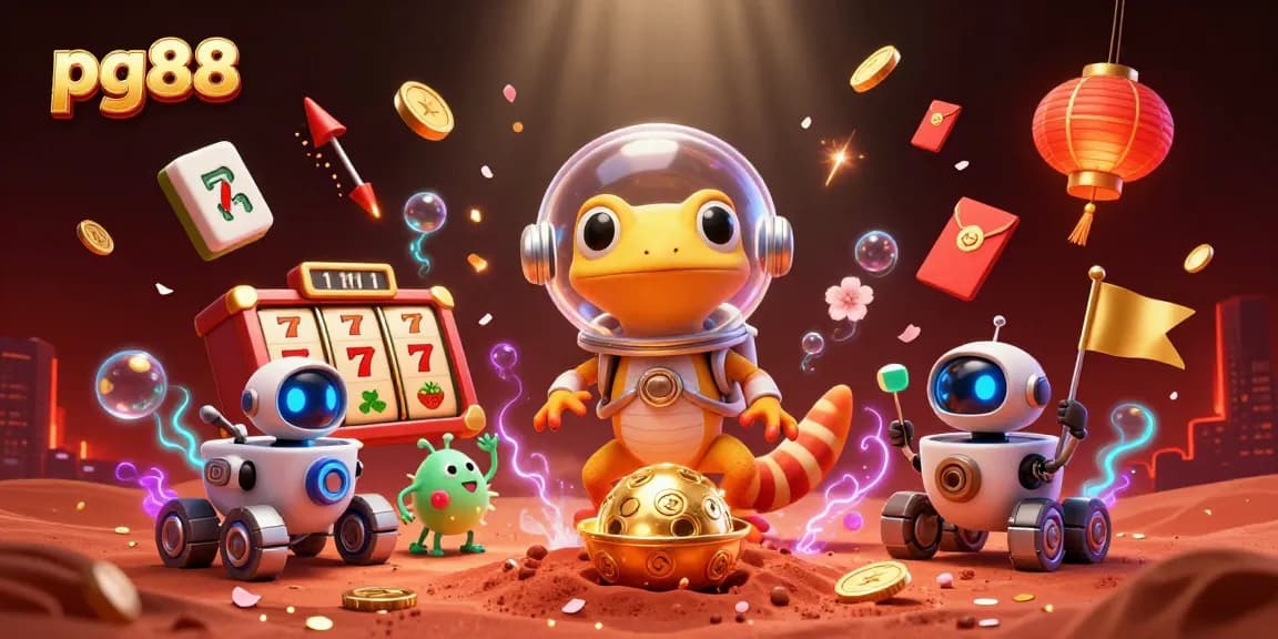 Engage with pg88 as the Martian gecko and robot explore a golden casino on Mars amid vibrant gambling symbols.