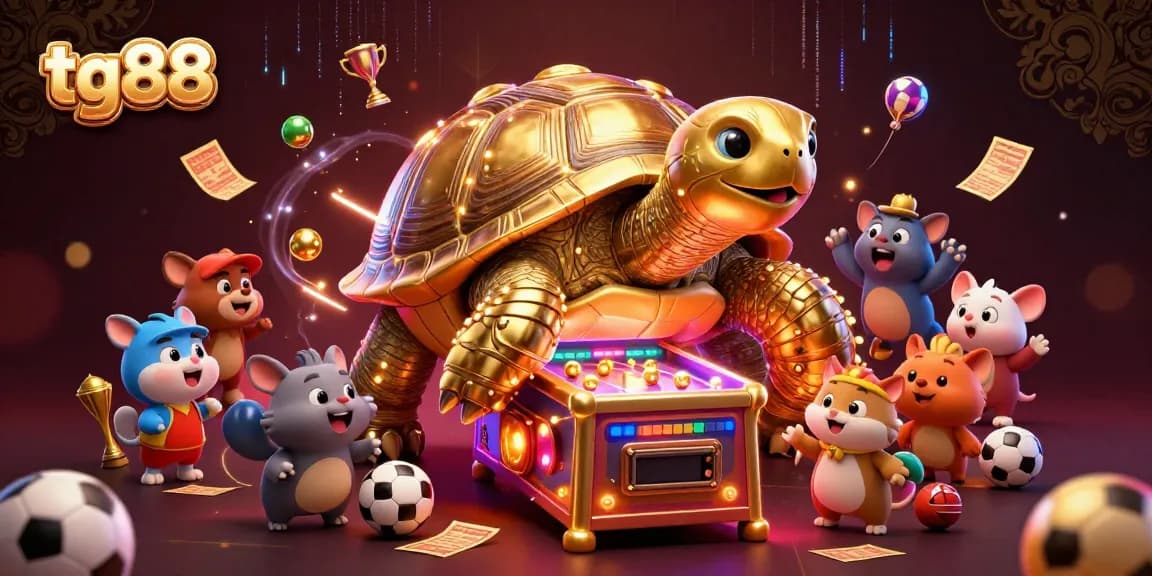 Experience tg88’s thrilling sports betting scene with a golden tortoise and excited animals.