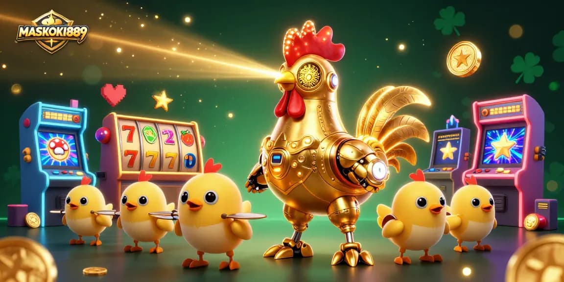 Experience excitement with MASKOKI889 as a golden rooster robot empowers players in a vibrant casino-themed 3D illustration.